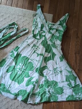 Vtg 90s Coldwater Creek Green and White Floral Dress